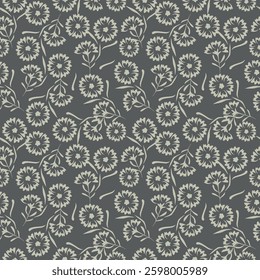 Seamless floral pattern, artistic ditsy print with vintage motif. Elegant botanical design with simple hand drawn plants: small white flowers, leaves on a black background. Vector illustration