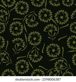 Seamless floral pattern, artistic ditsy print with vintage motif. Elegant botanical design with simple hand drawn plants: small white flowers, leaves on a black background. Vector illustration