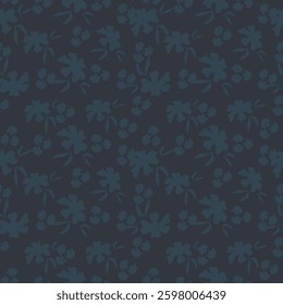 Seamless floral pattern, artistic ditsy print with vintage motif. Elegant botanical design with simple hand drawn plants: small white flowers, leaves on a black background. Vector illustration