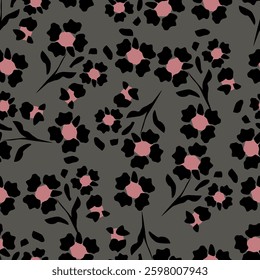 Seamless floral pattern, artistic ditsy print with vintage motif. Elegant botanical design with simple hand drawn plants: small white flowers, leaves on a black background. Vector illustration