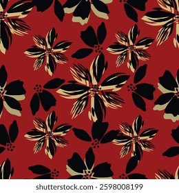 Seamless floral pattern, artistic ditsy print with vintage motif. Elegant botanical design with simple hand drawn plants: small white flowers, leaves on a black background. Vector illustration