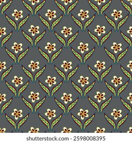 Seamless floral pattern, artistic ditsy print with vintage motif. Elegant botanical design with simple hand drawn plants: small white flowers, leaves on a black background. Vector illustration