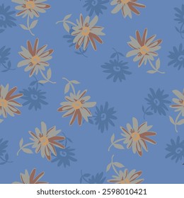 Seamless floral pattern, artistic ditsy print with vintage motif. Elegant botanical design with simple hand drawn plants: small white flowers, leaves on a black background. Vector illustration