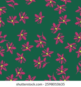 Seamless floral pattern, artistic ditsy print with vintage motif. Elegant botanical design with simple hand drawn plants: small white flowers, leaves on a black background. Vector illustration