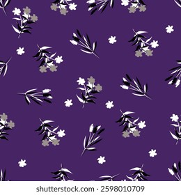 Seamless floral pattern, artistic ditsy print with vintage motif. Elegant botanical design with simple hand drawn plants: small white flowers, leaves on a black background. Vector illustration