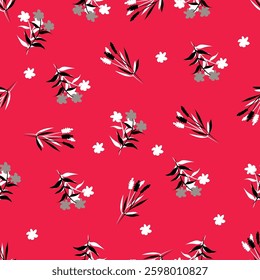 Seamless floral pattern, artistic ditsy print with vintage motif. Elegant botanical design with simple hand drawn plants: small white flowers, leaves on a black background. Vector illustration