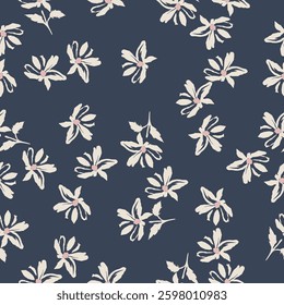 Seamless floral pattern, artistic ditsy print with vintage motif. Elegant botanical design with simple hand drawn plants: small white flowers, leaves on a black background. Vector illustration