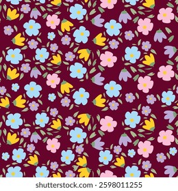 Seamless floral pattern, artistic ditsy print with vintage motif. Elegant botanical design with simple hand drawn plants: small white flowers, leaves on a black background. Vector illustration