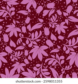 Seamless floral pattern, artistic ditsy print with vintage motif. Elegant botanical design with simple hand drawn plants: small white flowers, leaves on a black background. Vector illustration