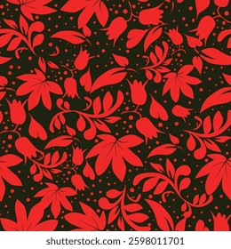 Seamless floral pattern, artistic ditsy print with vintage motif. Elegant botanical design with simple hand drawn plants: small white flowers, leaves on a black background. Vector illustration