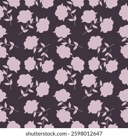 Seamless floral pattern, artistic ditsy print with vintage motif. Elegant botanical design with simple hand drawn plants: small white flowers, leaves on a black background. Vector illustration