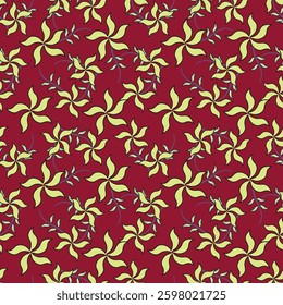Seamless floral pattern, artistic ditsy print with vintage motif. Elegant botanical design with simple hand drawn plants: small white flowers, leaves on a black background. Vector illustration