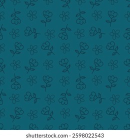 Seamless floral pattern, artistic ditsy print with vintage motif. Elegant botanical design with simple hand drawn plants: small white flowers, leaves on a black background. Vector illustration