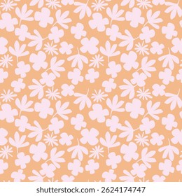 Patrón floral sin fisuras, impresión artística sucia con motivo vintage. Elegante diseño botánico con plantas simples dibujadas a mano: Pequeñas flores blancas, hojas sobre un fondo negro. Ilustración vectorial