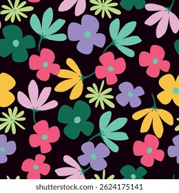 Seamless floral pattern, artistic ditsy print with vintage motif. Elegant botanical design with simple hand drawn plants: small white flowers, leaves on a black background. Vector illustration