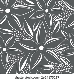Seamless floral pattern, artistic ditsy print with vintage motif. Elegant botanical design with simple hand drawn plants: small white flowers, leaves on a black background. Vector illustration