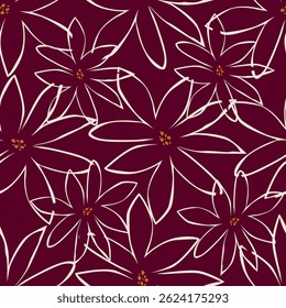 Nahtloses Blumenmuster, künstlerischer Schmuck mit Vintage-Motiv. Elegantes botanisches Design mit einfachen handgezeichneten Pflanzen: kleine weiße Blumen, Blätter auf schwarzem Hintergrund. Vektorgrafik