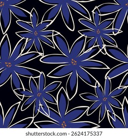 Seamless floral pattern, artistic ditsy print with vintage motif. Elegant botanical design with simple hand drawn plants: small white flowers, leaves on a black background. Vector illustration