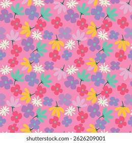 Seamless floral pattern, artistic ditsy print with vintage motif. Elegant botanical design with simple hand drawn plants: small white flowers, leaves on a black background. Vector illustration