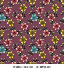 Seamless floral pattern, artistic ditsy print with vintage motif. Elegant botanical design with simple hand drawn plants: small white flowers, leaves on a black background. Vector illustration