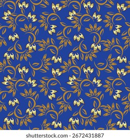 Patrón floral sin fisuras, impresión artística sucia con motivo vintage. Elegante diseño botánico con plantas simples dibujadas a mano: Pequeñas flores blancas, hojas sobre un fondo negro. Ilustración vectorial