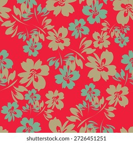 Seamless floral pattern, artistic ditsy print in retro motif. Beautiful botanical wallpaper, textile design: hand drawn flowers, small leaves, abstract red bouquets on black. Vector illustration.