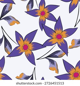Seamless floral pattern, artistic ditsy print in retro motif. Beautiful botanical wallpaper, textile design: hand drawn flowers, small leaves, abstract red bouquets on black. Vector illustration.