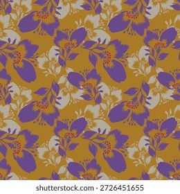 Seamless floral pattern, artistic ditsy print in retro motif. Beautiful botanical wallpaper, textile design: hand drawn flowers, small leaves, abstract red bouquets on black. Vector illustration.