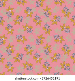 Patrón floral sin fisuras, estampado artístico sucio con motivo retro. Hermoso Fondo de pantalla botánico, diseño textil: flores dibujadas a mano, hojas Pequeñas, ramos rojos abstractos en negro. Ilustración vectorial.