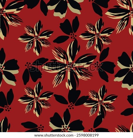 Seamless floral pattern, artistic ditsy print with vintage motif. Elegant botanical design with simple hand drawn plants: small white flowers, leaves on a black background. Vector illustration