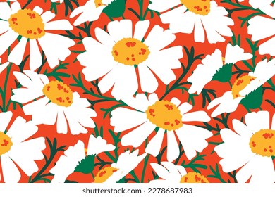 Seamless floral pattern, artistic flower print with large buds of daisies. Cute botanical design with a retro vibe: hand drawn flowers on stems, leaves on a red background. Vector illustration.