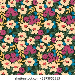 Seamless floral pattern, artistic flower print in retro motif. Colorful botanical design with hand drawn summer meadow: small flowers, leaves, grass. Vector ditsy fashion pattern.