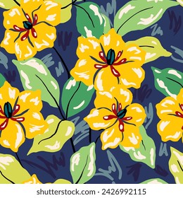 Seamless floral pattern, artistic flower print in retro motif. Colorful botanical design with simple hand drawn plants: yellow lily flowers, leaves on a blue background. Vector illustration