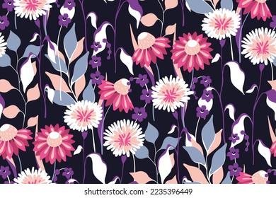 Seamless floral pattern with artistic garden. Interesting botanical print, flower design with hand drawn wild plants: domed flowers in lilac colors, leaves on a dark background. Vector illustration.