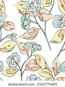 
Patrón floral sin foco, impresión artística con boceto de plantas. Delicado diseño botánico con ramas dibujadas a mano, flores, hojas sobre un fondo blanco. Ilustración vectorial.