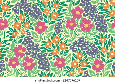 Seamless floral pattern with artistic spring meadow. Cute ditsy print, pretty botanical design with hand drawn wild plants: small flowers, leaves, herbs on light background. Vector illustration.