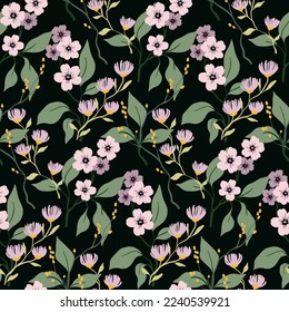 Seamless floral pattern with Asian style vintage garden. Elegant botanical print, beautiful flower design with hand drawn branches, small flowers, leaves on a dark background. Vector illustration.