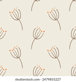 Seamless floral pattern. Autumn background with orange Inflorescence and grains of sand. Vector illustration for printing on fabric, wallpaper, packaging, etc.