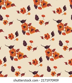 Seamless floral pattern with autumn botany, yellow blossom flowers, leaves on branches. Beautiful floral print, elegant botanical background with painted plants. Vector illustration.