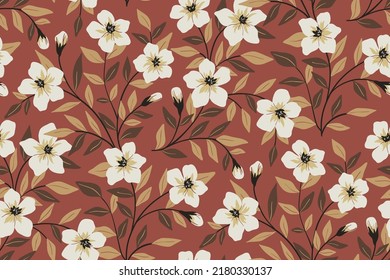 Seamless floral pattern with autumn botany, small flowers, foliage on branches. Decorative botanical background, ditsy print with hand drawn flowers, branches, leaves on brown field. Vector.