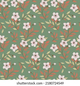 Seamless floral pattern with autumn botany, wild plants on a green field. Pretty ditsy print, botanical background with decorative plants, flowers, leaves on branches. Vector illustration.