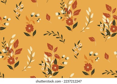 Seamless floral pattern with autumn botany in folk style. Cute botanical print, pretty flower design with decorative wild plants: small flowers, branches, leaves on yellow background. Vector.