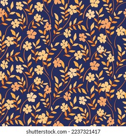 Seamless floral pattern with autumn botany, tiny wild branches on a blue background. Cute vintage flower design, pretty ditsy print with small flowers, leaves on branches. Vector illustration.