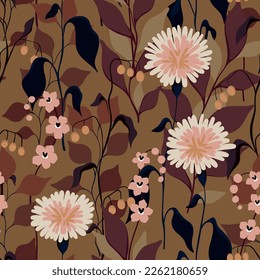 Seamless floral pattern with autumn botany in vintage style. Elegant botanical design with hand drawn wild plants: large flowers, branches, leaves on a brown background. Vector illustration.