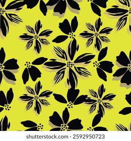 Seamless floral pattern with autumn botany, small flowers, foliage on branches. Decorative botanical background, ditsy print with hand drawn flowers, branches, leaves on brown field.