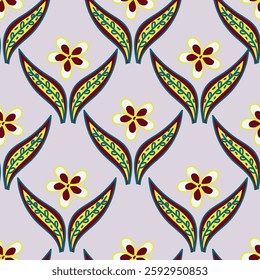 Seamless floral pattern with autumn botany, small flowers, foliage on branches. Decorative botanical background, ditsy print with hand drawn flowers, branches, leaves on brown field.