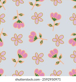 Seamless floral pattern with autumn botany, small flowers, foliage on branches. Decorative botanical background, ditsy print with hand drawn flowers, branches, leaves on brown field.