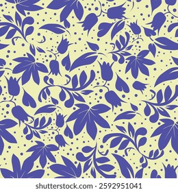 Seamless floral pattern with autumn botany, small flowers, foliage on branches. Decorative botanical background, ditsy print with hand drawn flowers, branches, leaves on brown field.