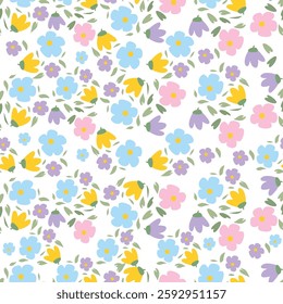 Seamless floral pattern with autumn botany, small flowers, foliage on branches. Decorative botanical background, ditsy print with hand drawn flowers, branches, leaves on brown field.