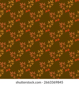 Nahtloses Blumenmuster mit herbstlichen Zweigen und Blättern in Herbstfarben auf dunkelbraunem Hintergrund. Perfekt für saisonale Textilien, Verpackungspapier, Wohnkultur und digitale Projekte.